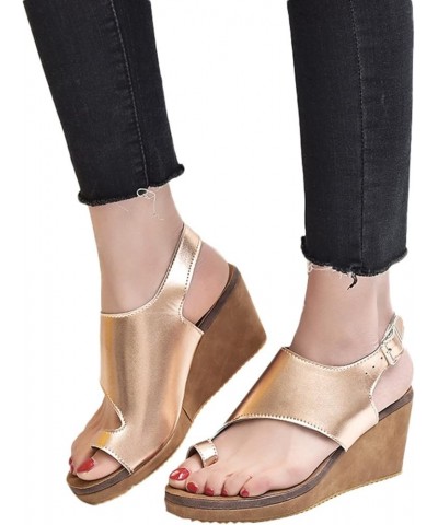 Women Wedge Sandals Sandals Pinch Toe Color Wedge Women's Solid Round Fashion Shoes Buckle Women's Sandals 8.5 Gold $17.74 Sa...