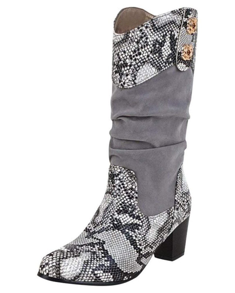 Women Western Mid-Calf Boots Sexy Snake Animal Prints Casual Flock Chunky Heel Fashion Wide Calf Boots Grey $27.45 Boots