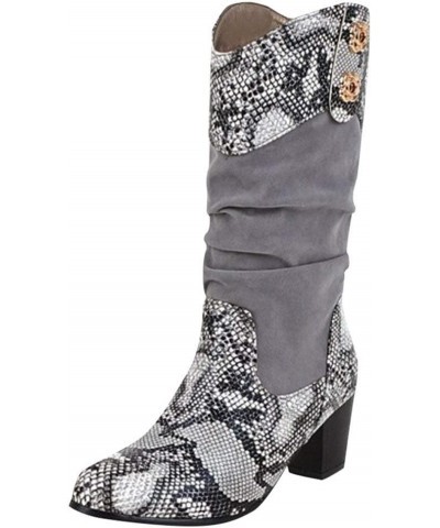 Women Western Mid-Calf Boots Sexy Snake Animal Prints Casual Flock Chunky Heel Fashion Wide Calf Boots Grey $27.45 Boots