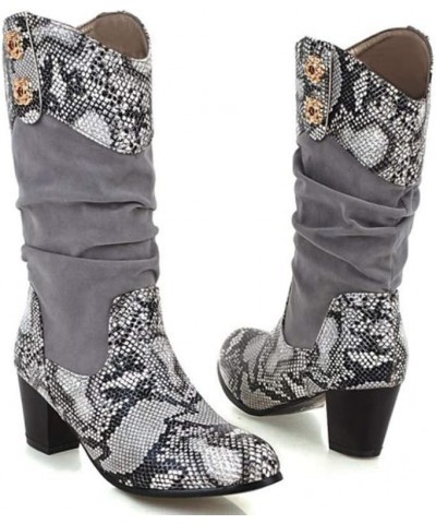 Women Western Mid-Calf Boots Sexy Snake Animal Prints Casual Flock Chunky Heel Fashion Wide Calf Boots Grey $27.45 Boots