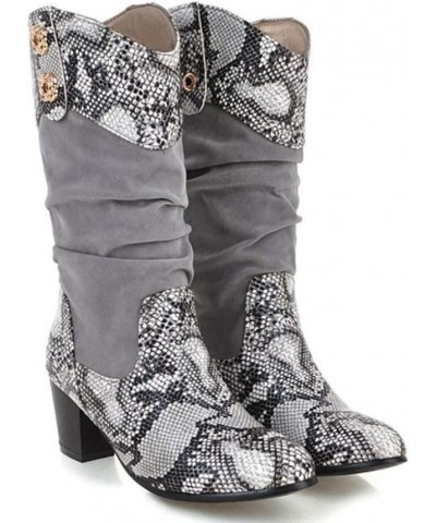 Women Western Mid-Calf Boots Sexy Snake Animal Prints Casual Flock Chunky Heel Fashion Wide Calf Boots Grey $27.45 Boots