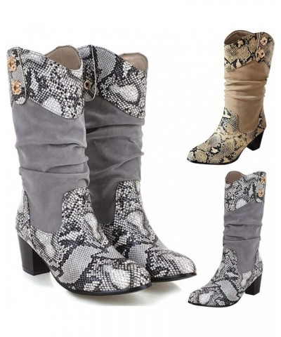 Women Western Mid-Calf Boots Sexy Snake Animal Prints Casual Flock Chunky Heel Fashion Wide Calf Boots Grey $27.45 Boots