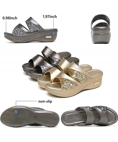 Summer Women's Metal Decor Feature Pattern Wedge Flip-Flops Glitter PU Platform Comfortable Sandals Arch Support Non-Slip Out...