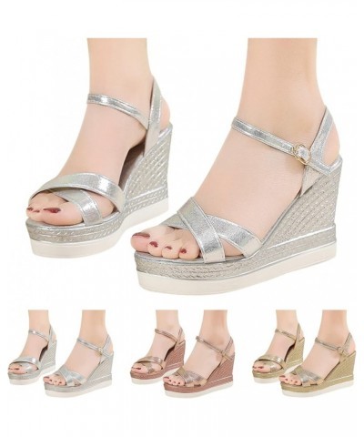 Fashion Spring And Summer Women Sandals Wedge Heel High Heel Thick Bottom Open Toe Women Wedge Sandals Size 12 Silver $12.20 ...