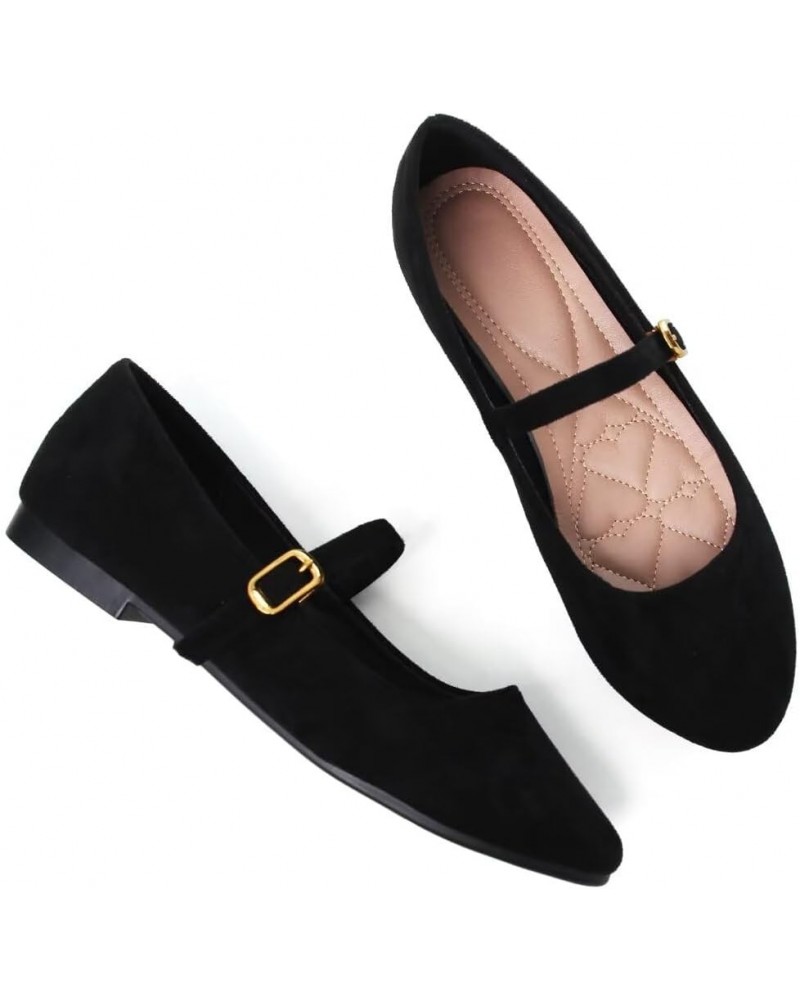 Mary Jane Shoes Square Toe Black Flats Ballet Flats for Women Comfortable Ankle Strap Flats Casual Slip On Flats Round Suede ...