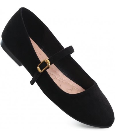 Mary Jane Shoes Square Toe Black Flats Ballet Flats for Women Comfortable Ankle Strap Flats Casual Slip On Flats Round Suede ...