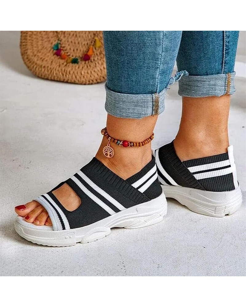 Platform Knitting Sandals for Women Summer Mesh Wedges Sport Sandals Ladies Stretch Fish Mouth Sandals with Elastic Ankle Str...