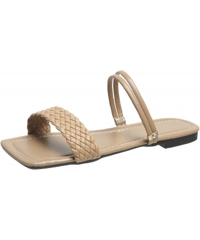 Women Summer Square Open Toe Flat Sandal Sturdy Pull On Braided Pumps Ladies Beach Slippers Shoes for School Apricot $25.93 S...