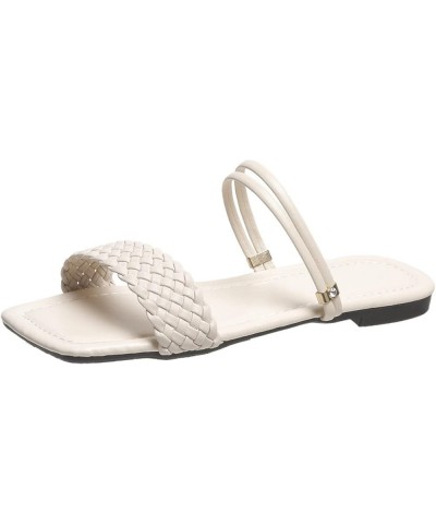 Women Summer Square Open Toe Flat Sandal Sturdy Pull On Braided Pumps Ladies Beach Slippers Shoes for School Apricot $25.93 S...