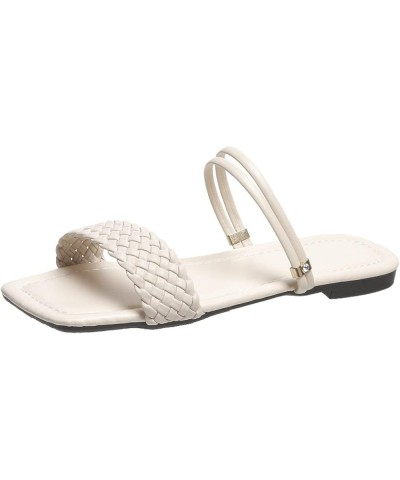 Women Summer Square Open Toe Flat Sandal Sturdy Pull On Braided Pumps Ladies Beach Slippers Shoes for School Apricot $25.93 S...