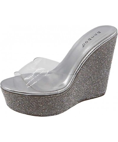 Women Rhinestone Glitter Clear Band Platform Wedge Sandal Silver Rhinestone $21.15 Sandals