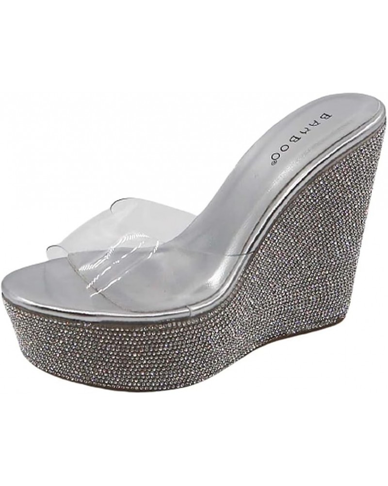 Women Rhinestone Glitter Clear Band Platform Wedge Sandal Silver Rhinestone $21.15 Sandals