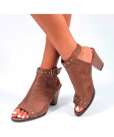 Women's Heels Summer Women Flock Solid Color Buckle Strap Casual Breathable Fish Mouth Square Heels Shoes Sandals Brown 7 $18...