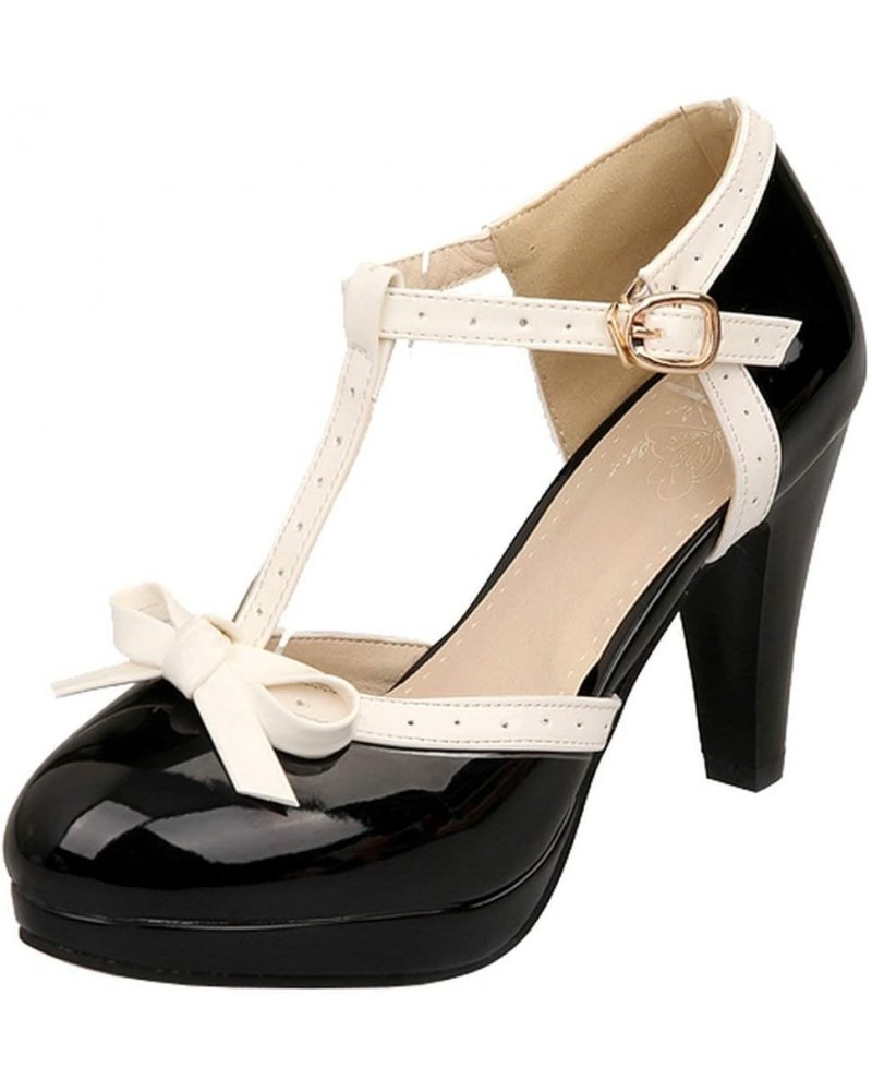 Women's Rockabilly T-Strap Mary Jane Block High Heel Platform Pumps Patent Black $30.79 Pumps