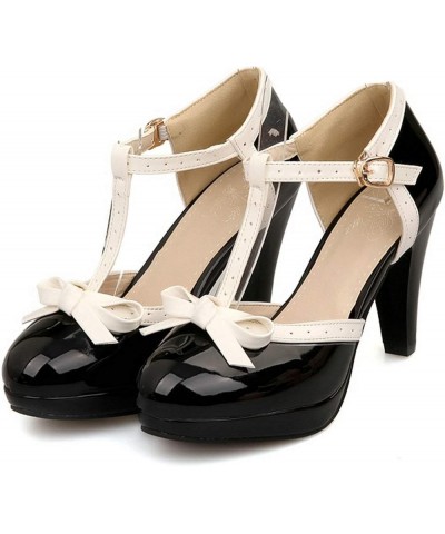 Women's Rockabilly T-Strap Mary Jane Block High Heel Platform Pumps Patent Black $30.79 Pumps