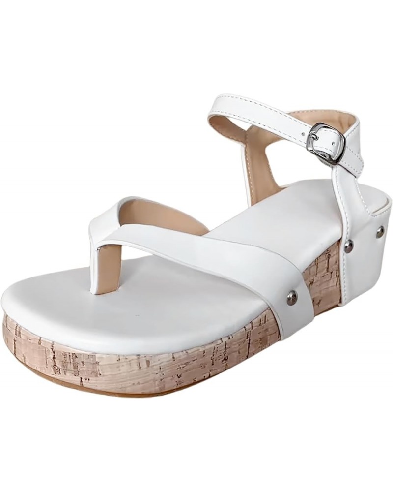 Sandals for Women Platform Ladies Bohemian Leather Open Toe Buckle Strap Slope Heel Womens Two Strap Sandals Size 8 White $16...