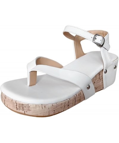 Sandals for Women Platform Ladies Bohemian Leather Open Toe Buckle Strap Slope Heel Womens Two Strap Sandals Size 8 White $16...