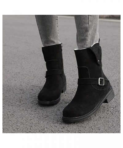 Boots for Women Low Heel Mid Calf Boots Winter Round Toe Plus Velvet Warm Belt Buckle Side Zipper Block Chunky Heel Boots Sol...