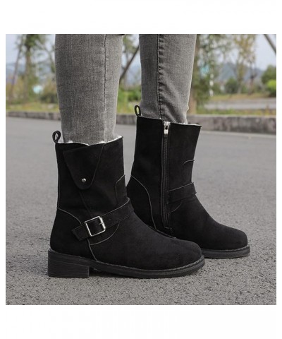 Boots for Women Low Heel Mid Calf Boots Winter Round Toe Plus Velvet Warm Belt Buckle Side Zipper Block Chunky Heel Boots Sol...