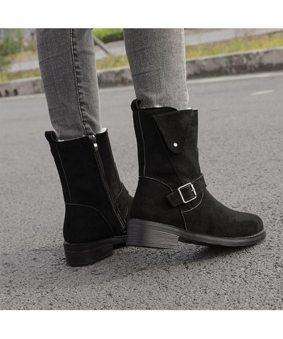 Boots for Women Low Heel Mid Calf Boots Winter Round Toe Plus Velvet Warm Belt Buckle Side Zipper Block Chunky Heel Boots Sol...