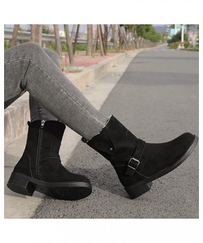 Boots for Women Low Heel Mid Calf Boots Winter Round Toe Plus Velvet Warm Belt Buckle Side Zipper Block Chunky Heel Boots Sol...