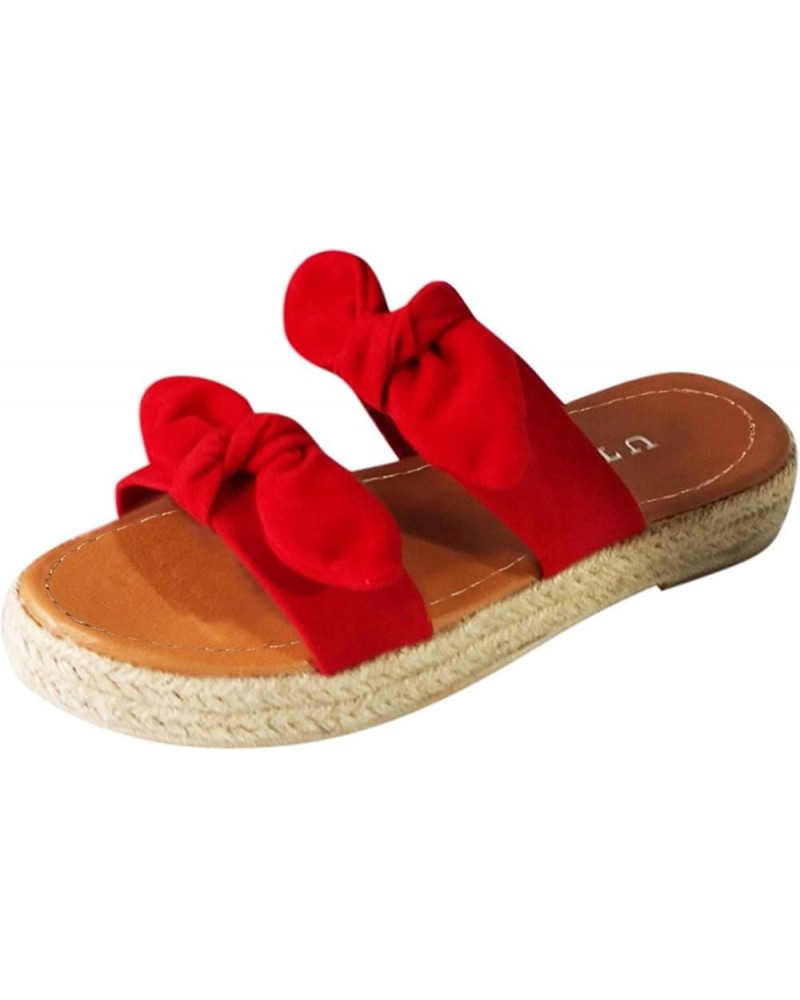 Shoes Weave Open Flat Breathable Beach Women's Toe Bow Summer Sandals Slipon Women's Sandals Chain Sandals for Women (Red, 7....