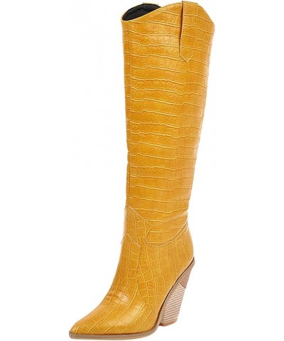 Knee High Heel Boots for Women, Women's Wedges Pointed Toe Plain Color Shoes Winter And Autumn Cowboy Boots Yellow $28.12 Boots