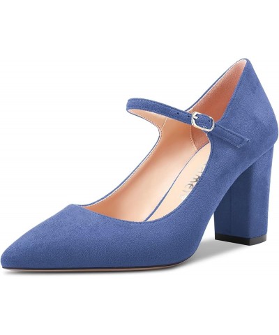 Women Mid Chunky Block Heel Pointed Toe Pumps Mary Jane Ankle Strap Buckle Party Dress Shoes 3.3 Inches Heels Blue $37.45 Pumps