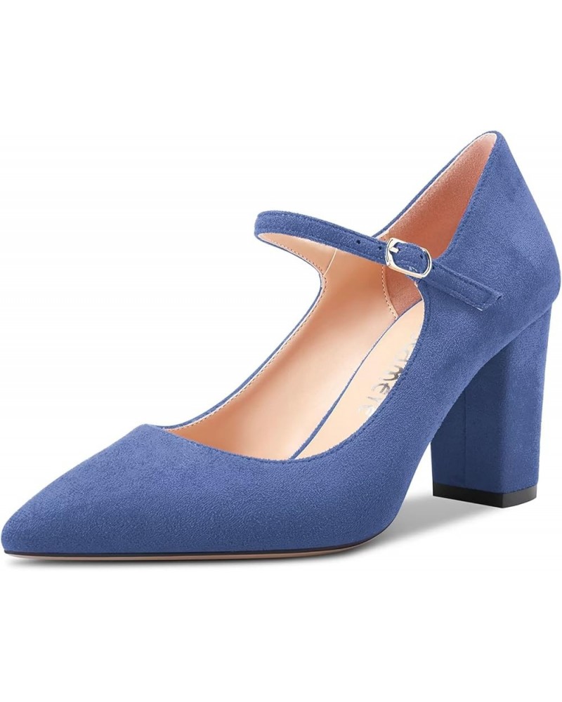 Women Mid Chunky Block Heel Pointed Toe Pumps Mary Jane Ankle Strap Buckle Party Dress Shoes 3.3 Inches Heels Blue $37.45 Pumps