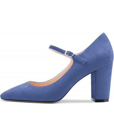 Women Mid Chunky Block Heel Pointed Toe Pumps Mary Jane Ankle Strap Buckle Party Dress Shoes 3.3 Inches Heels Blue $37.45 Pumps