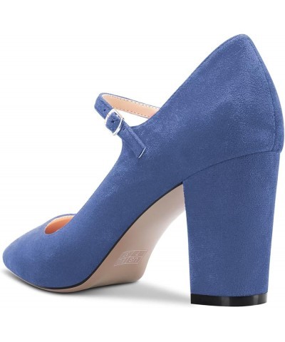 Women Mid Chunky Block Heel Pointed Toe Pumps Mary Jane Ankle Strap Buckle Party Dress Shoes 3.3 Inches Heels Blue $37.45 Pumps