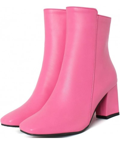 Womens High Chunky Heeled Boots Zip Up Square Toe Ankle Booties Hot Pink $26.76 Boots