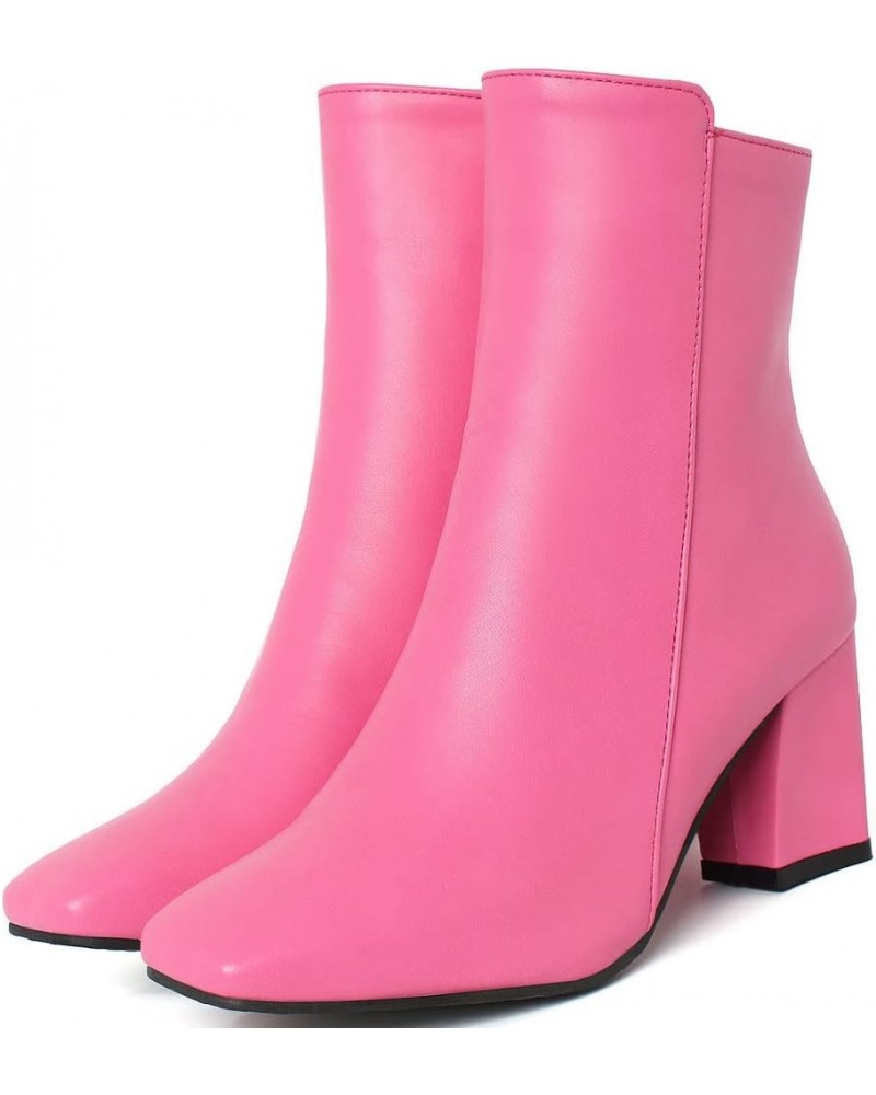 Womens High Chunky Heeled Boots Zip Up Square Toe Ankle Booties Hot Pink $26.76 Boots