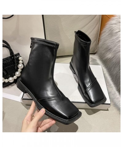 Women's Autumn Ankle Boots Square Toe Flat Low Heels Back Zipper Comfort Fashion Leather Short Booties Black $30.79 Boots