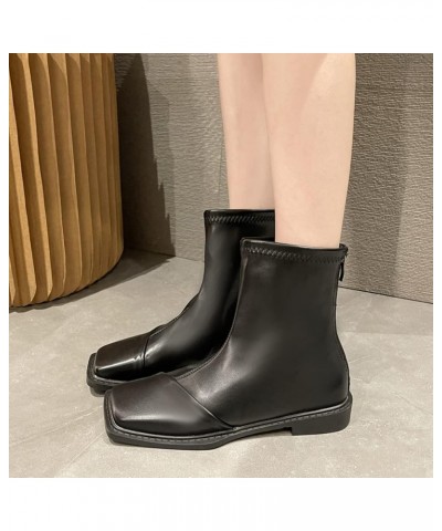 Women's Autumn Ankle Boots Square Toe Flat Low Heels Back Zipper Comfort Fashion Leather Short Booties Black $30.79 Boots