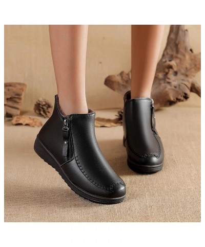 Ladies Fashion Solid Color Leather Side Zipper Short Boots Plush Warm Thick Soled Snow Boots High Fashion Women Black $14.17 ...