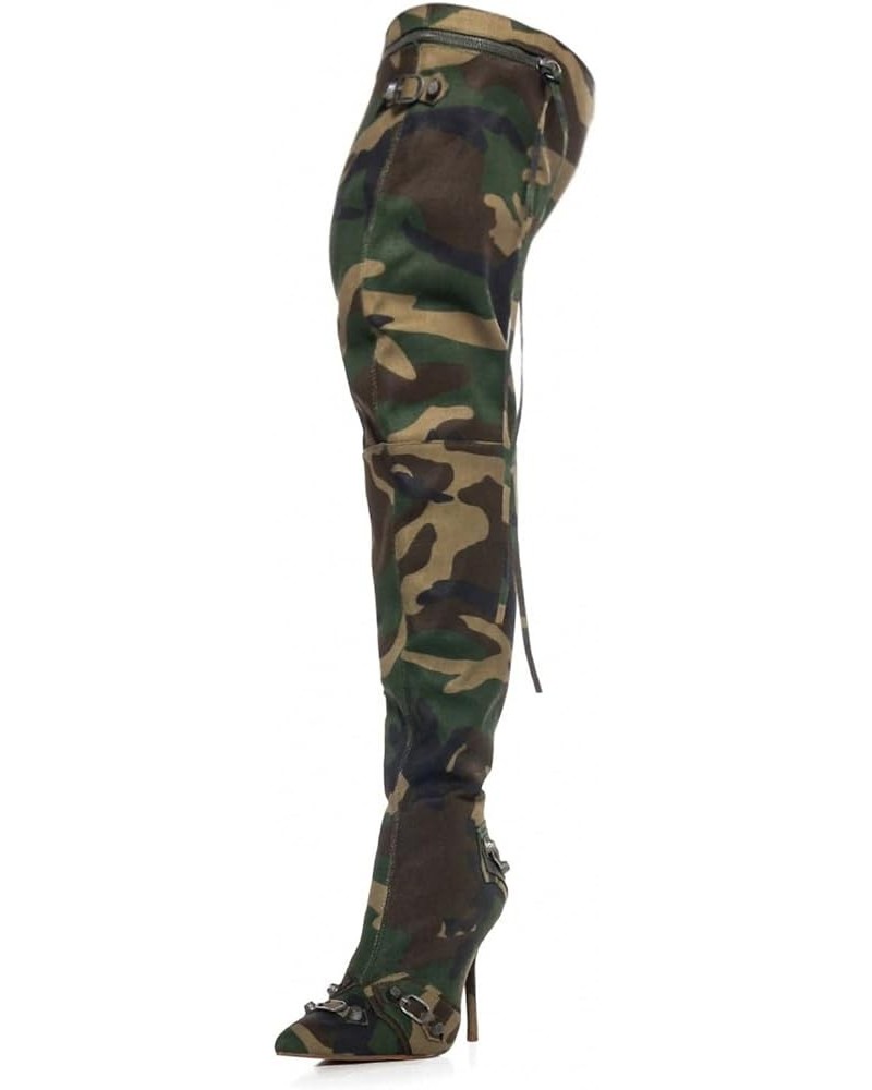 Women's Camo Knee High Boots Slouch High Heels Boots Pointed Stiletto Casual Pull-On Tall Boot Party Dress Shoes C-blue $40.8...