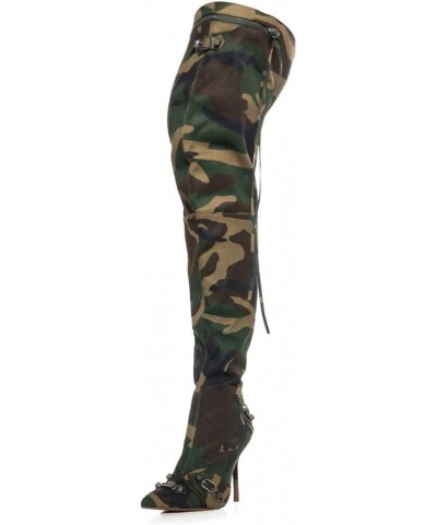 Women's Camo Knee High Boots Slouch High Heels Boots Pointed Stiletto Casual Pull-On Tall Boot Party Dress Shoes C-blue $40.8...