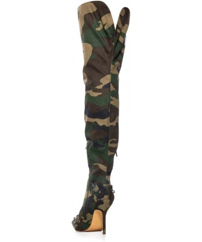 Women's Camo Knee High Boots Slouch High Heels Boots Pointed Stiletto Casual Pull-On Tall Boot Party Dress Shoes C-blue $40.8...