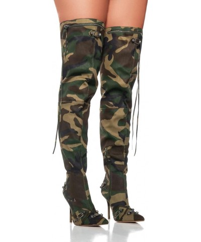 Women's Camo Knee High Boots Slouch High Heels Boots Pointed Stiletto Casual Pull-On Tall Boot Party Dress Shoes C-blue $40.8...