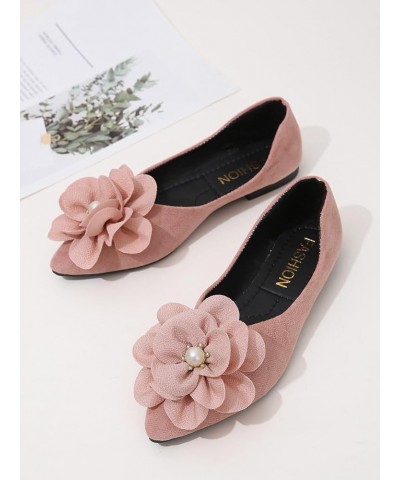 Women's Faux Suede Floral Pearls Decor Flats Dress Shoes Elegant Point Toe Fashion Suede Ballet Flats Pink $14.39 Flats