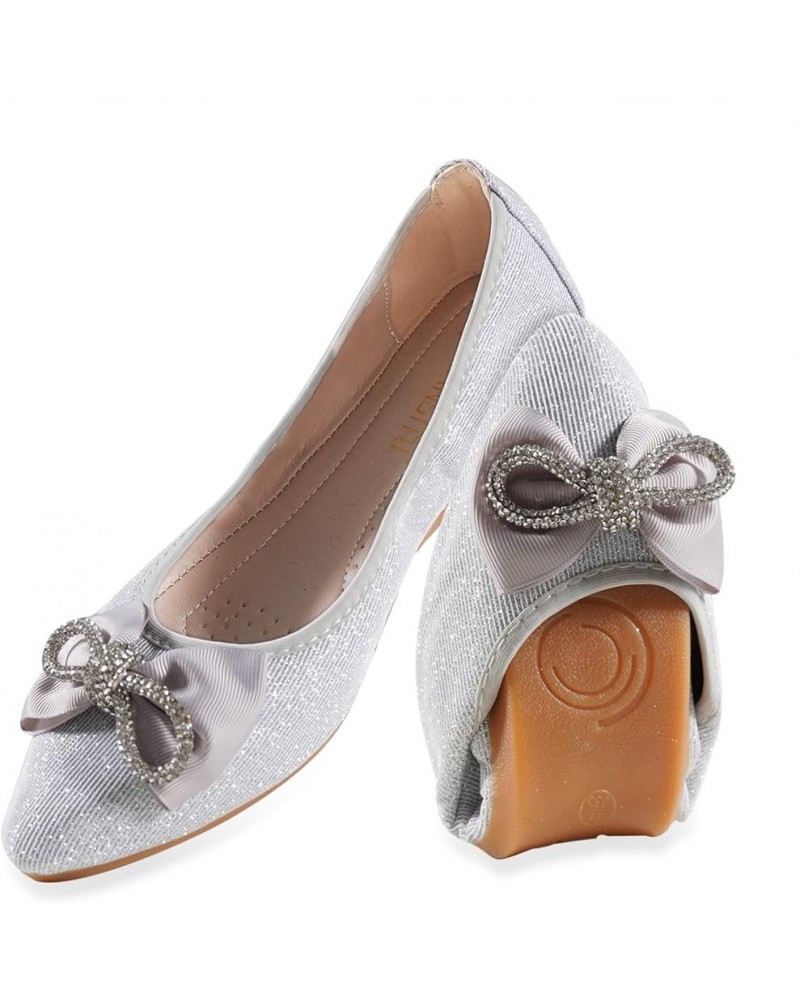 Women's Ballet Flat Shoes - Cute Beads Bowtie Wedding Flats Slip on Flats for Women Comfortable Silver $22.03 Flats