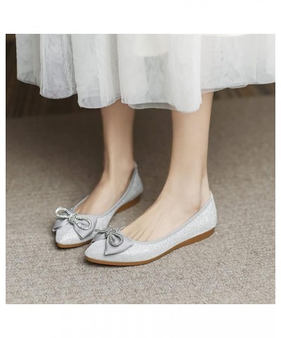 Women's Ballet Flat Shoes - Cute Beads Bowtie Wedding Flats Slip on Flats for Women Comfortable Silver $22.03 Flats