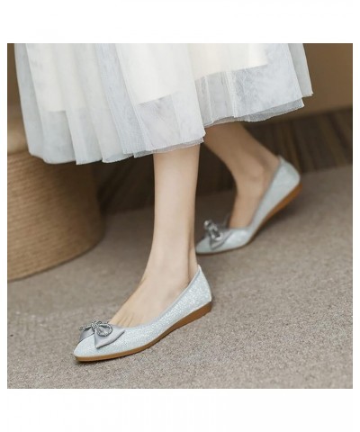 Women's Ballet Flat Shoes - Cute Beads Bowtie Wedding Flats Slip on Flats for Women Comfortable Silver $22.03 Flats