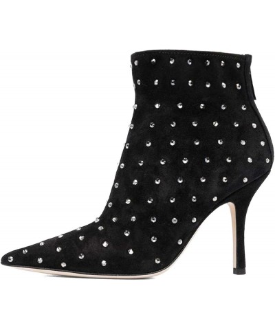 Women High Heel Fall Winter Short Boots Pointy Closed Toe Zipper Back Booties Heeled Warm Comfy Dress Shoes Black-studs $46.2...