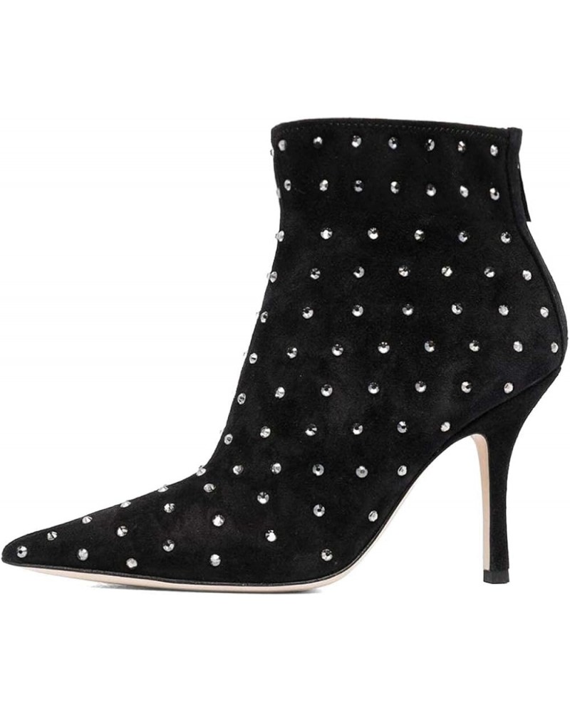 Women High Heel Fall Winter Short Boots Pointy Closed Toe Zipper Back Booties Heeled Warm Comfy Dress Shoes Black-studs $46.2...