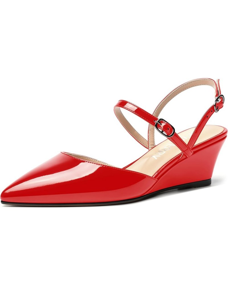 Women's Wedding Pointed Toe Patent Slip On Slingback Dress Wedge Low Heel Pumps Shoes 2 Inch Red $40.02 Pumps