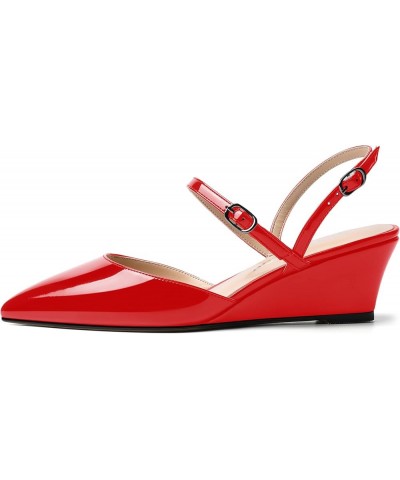 Women's Wedding Pointed Toe Patent Slip On Slingback Dress Wedge Low Heel Pumps Shoes 2 Inch Red $40.02 Pumps