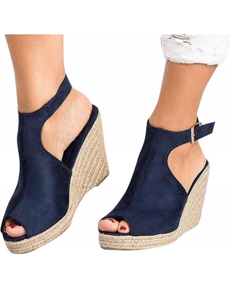 Women's Sandals Espadrilles Wedge Heeled Weave Platform Sandals Adjustable Buckle Peep Toe Beach Dress Sandals B Dark Blue $2...