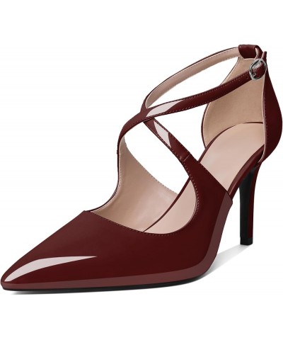 High Heels for Women Pointed Toe Stiletto Heels Pumps Closed Toe 3.5" Criss-Cross Strappy Slim Thin Heel Shoes Patent Burgund...